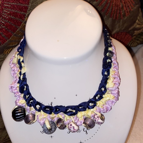 Beautiful Vintage, pink/yellow/navy and lilac ribbon crochet necklace. W/beads - Picture 2 of 7